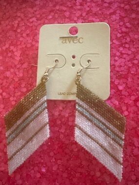 Avec Gold and White Beaded Chevron Drop Earrings